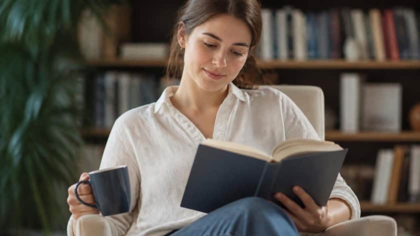 Young woman enjoying reading a book with a coffee mug at home.