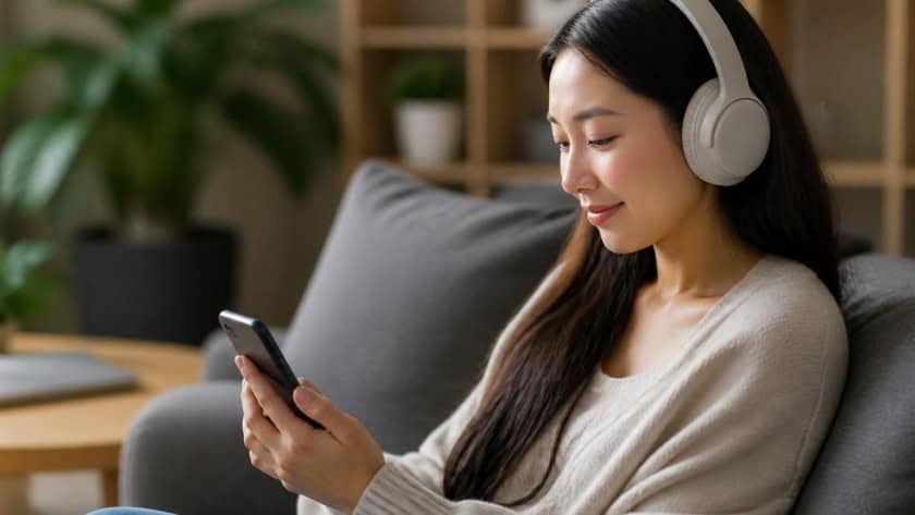 Young woman enjoying audiobooks with headphones on a sofa.