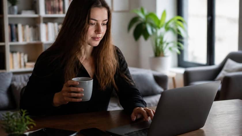 Woman browsing eBooks and audiobooks on her laptop at home.
