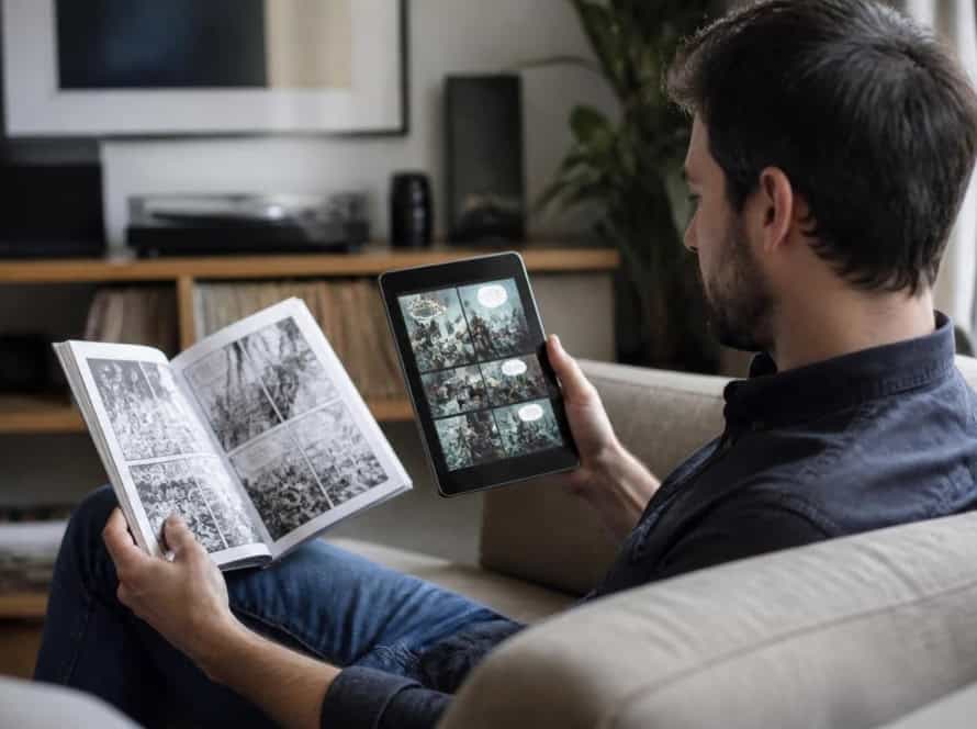 Man enjoying reading a printed book and capturing images with a tablet at home.