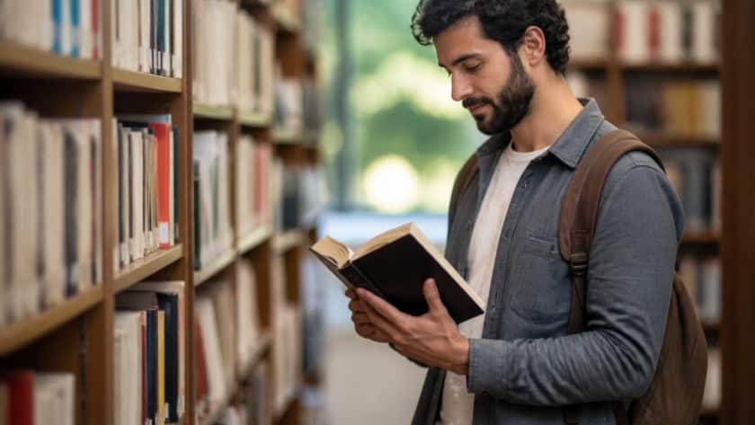 Young man with backpack reading a book in a library aisle.