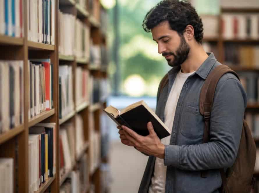 Young man with backpack reading a book in a library aisle.