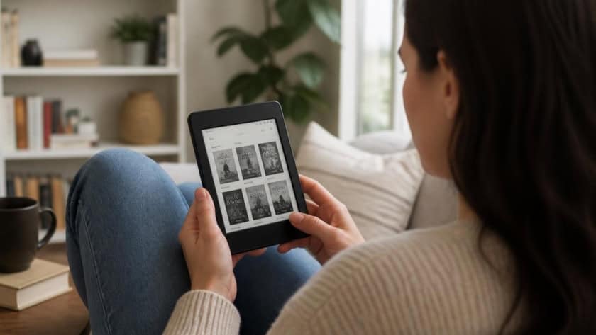 Woman reading eBooks on a tablet in a cozy living room.