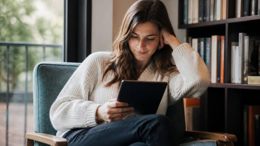 Woman reading an eBook on a tablet in a cozy home setting.