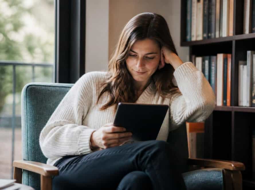 Woman reading an eBook on a tablet in a cozy home setting.