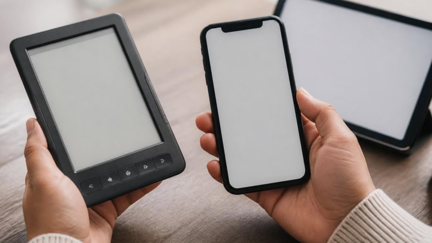 Person holding a smartphone and eReaders for digital books and audiobooks.