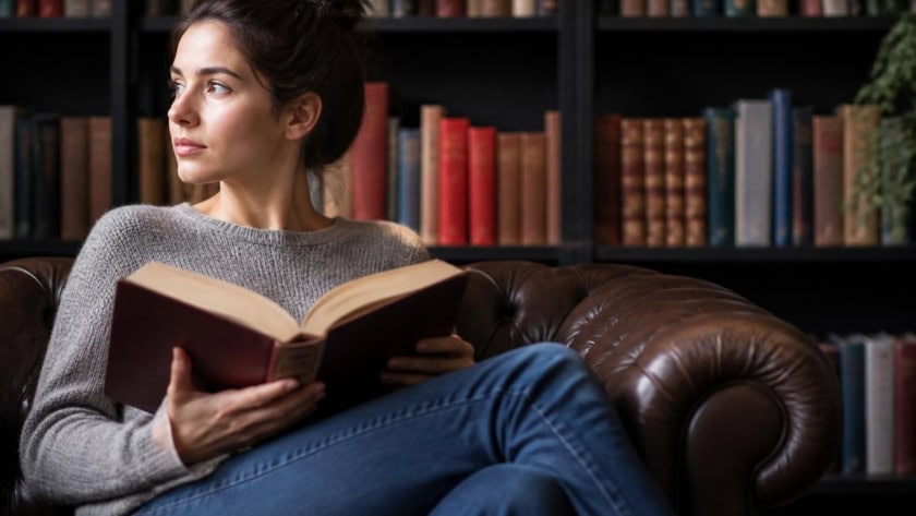 Young woman reading a book in a cozy library setting.