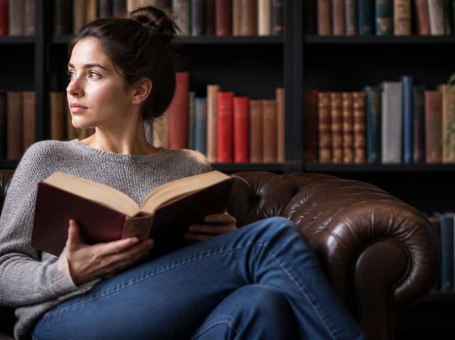 Young woman reading a book in a cozy library setting.