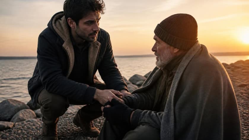 A young man comforts an elderly man by the sea at sunset.