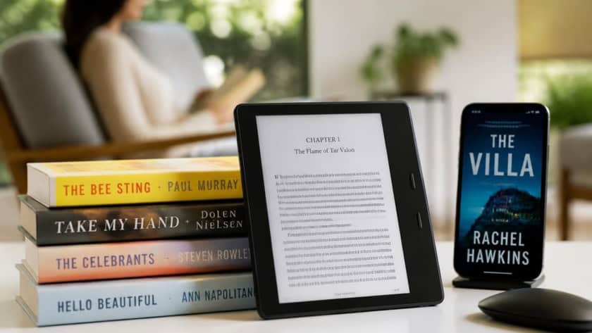 Ebook reader and smartphone displaying book covers on a desk.