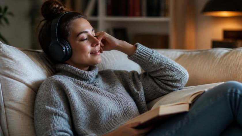 Woman enjoying listening to an audiobook with headphones at home.
