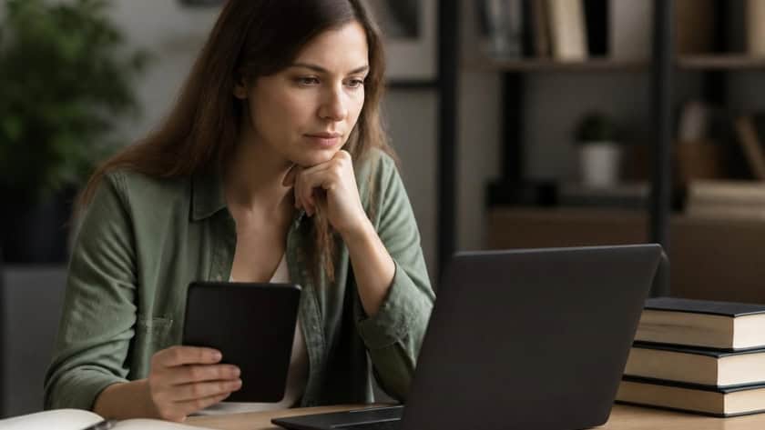 Woman reading eBook on tablet with laptop and books nearby.