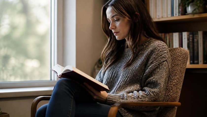 Woman reading a book by the window at home, cozy reading environment.