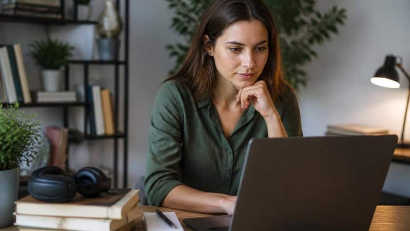 Woman browsing eBooks and audiobooks on a laptop at home.