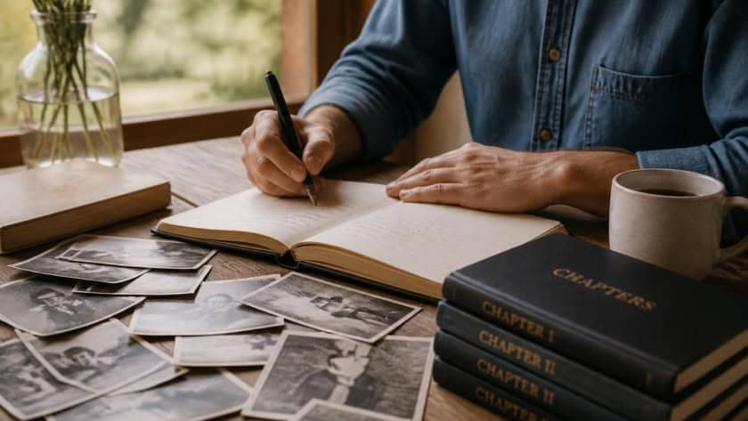 Person writing in a notebook with vintage photos and books on a wooden table.