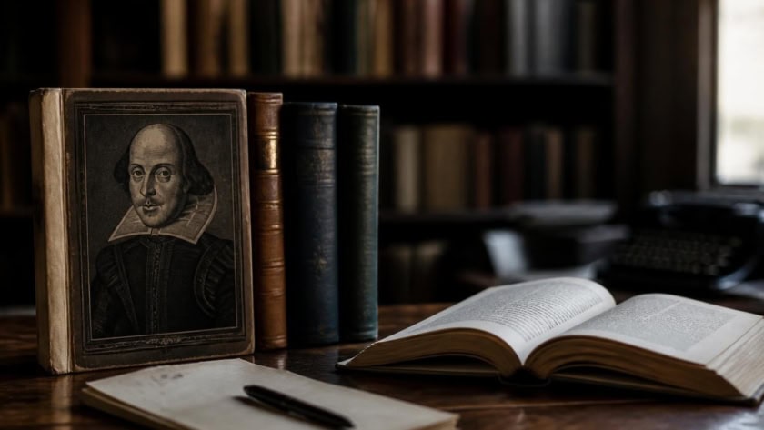Vintage books and open notebook on a wooden desk in a library setting.