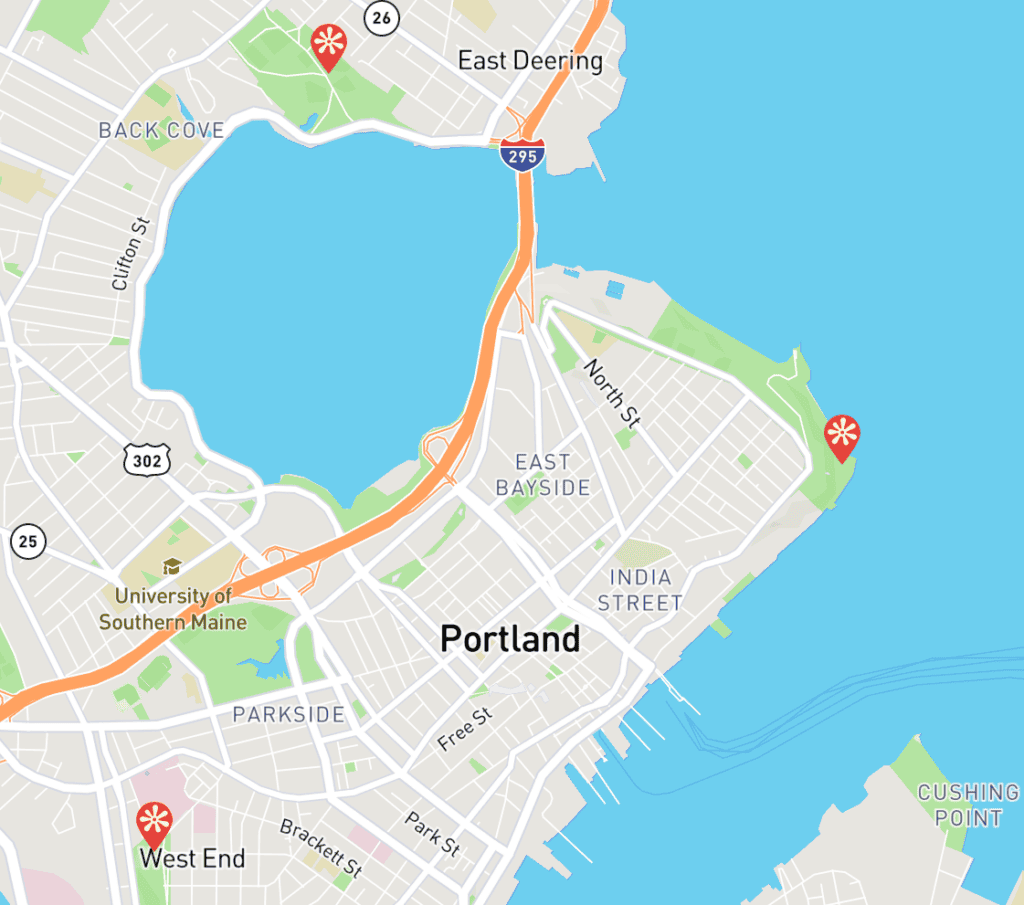 Portland city map highlighting major areas and landmarks.