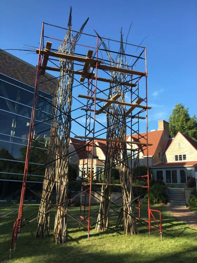 Bamboo construction framework with scaffolding for sustainable architecture.