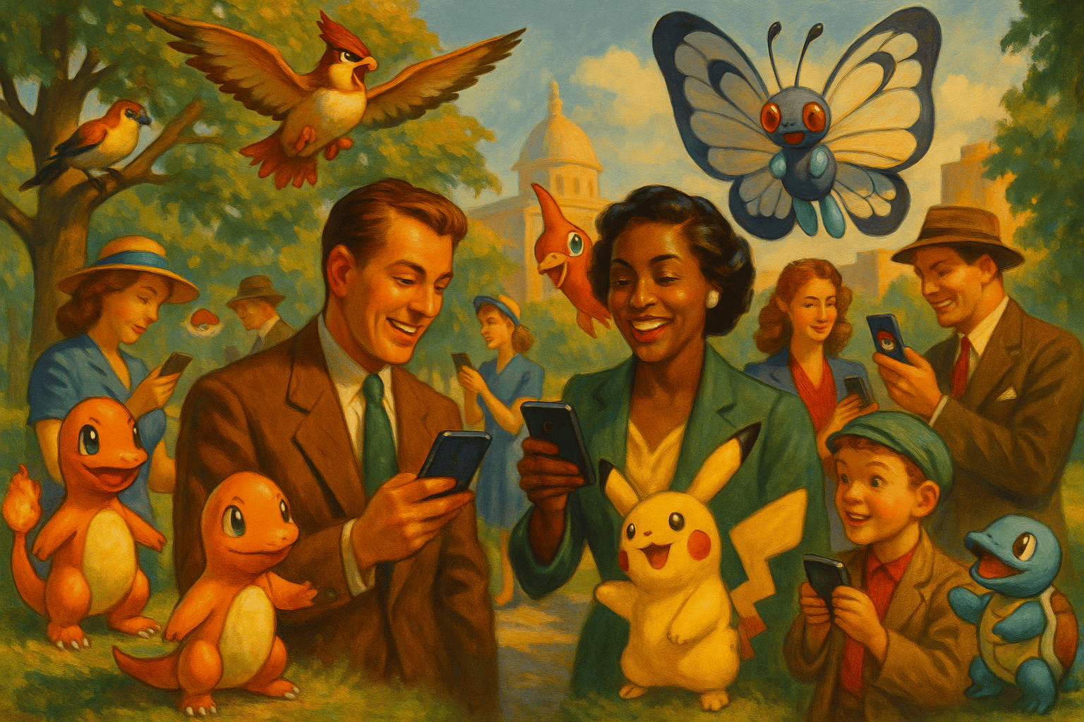 Snabbfoto, personer som använder smartphone i park, Pokemon och Pokémon-karaktärer, nostalgi, modern teknik, utomhus, familjeaktiviteter, lekfullhet, sommar, tecknad stil.