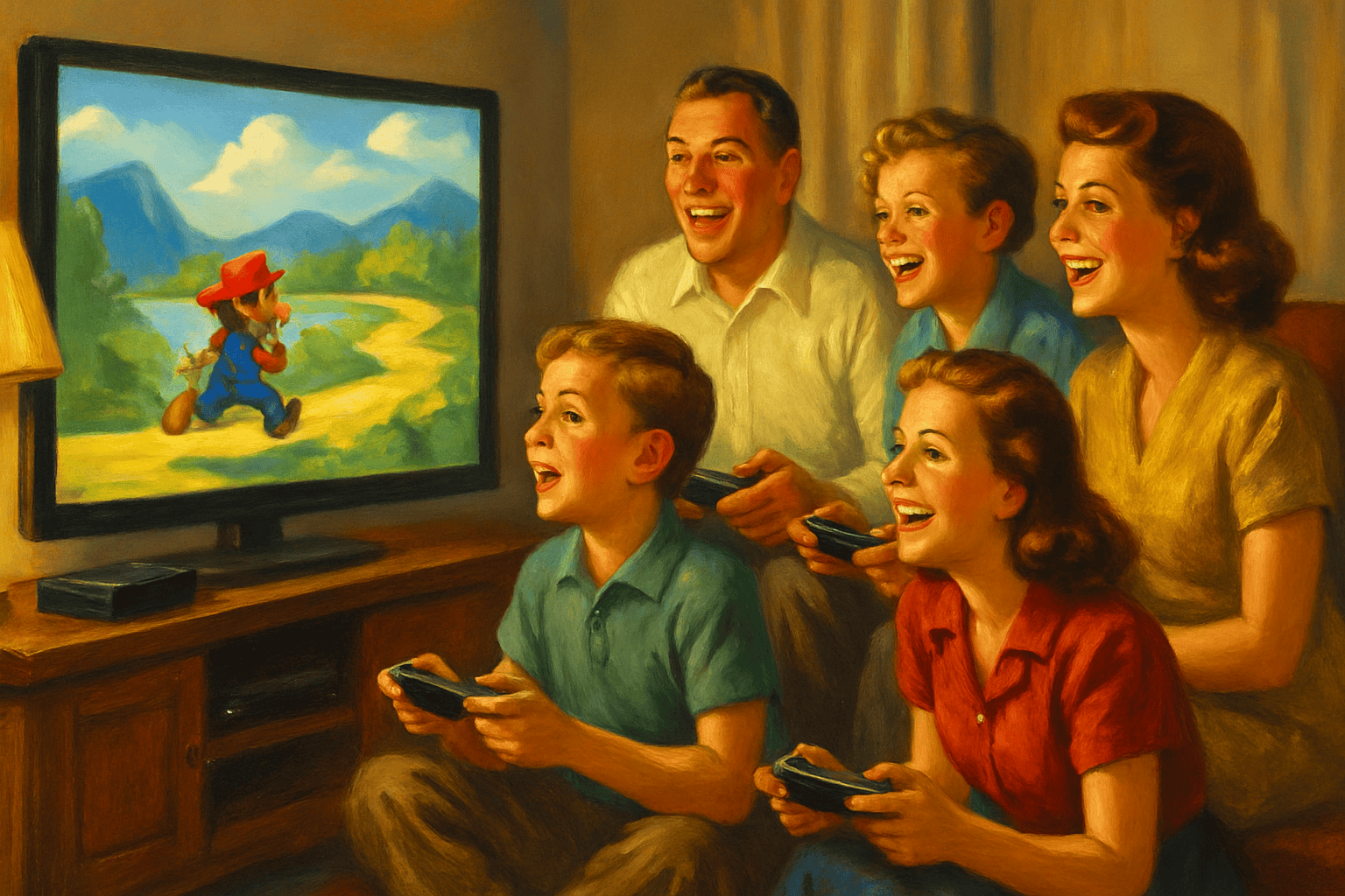 - En familj spelar dataspel tillsammans i vardagsrummet, skrattar och har roligt.