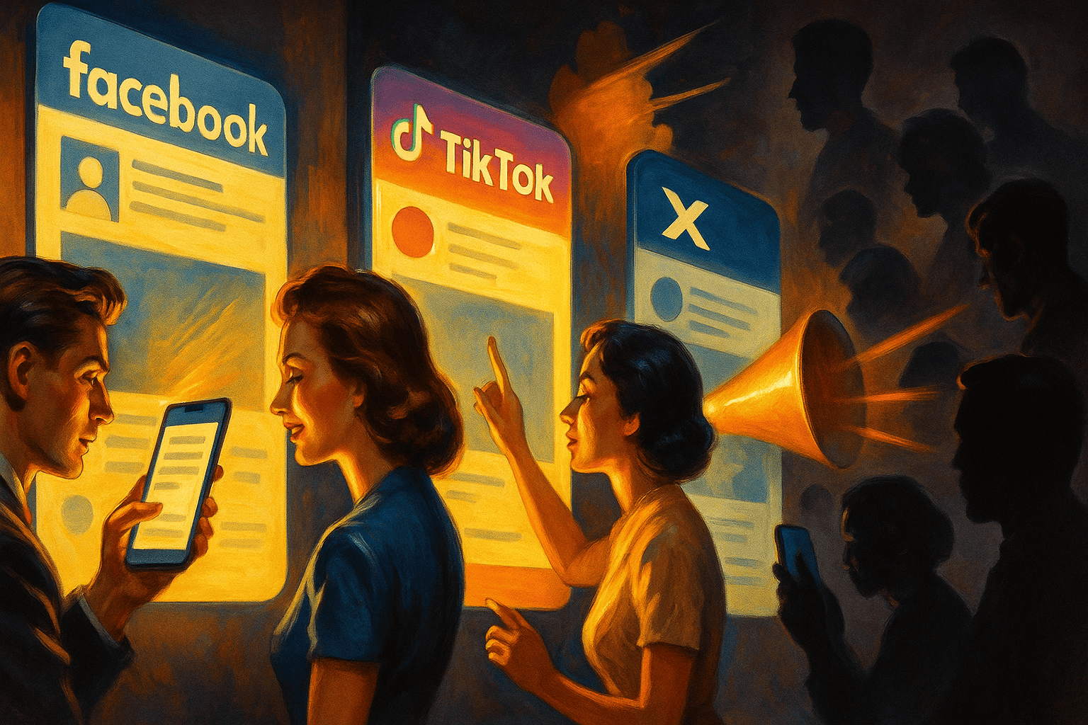 Facebook, TikTok och X sociala medieplattformar i sociala medier, illustrerad med människor som använder smartphones.