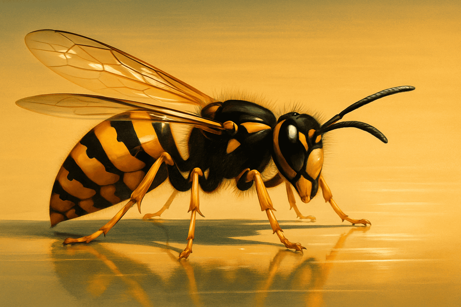 En detaljrik close-up av ett gult och svart geting med genomskinliga vingar, stående på en reflekterande yta, mot en varm gul bakgrund, perfekt för SEO för natur- och insektsbilder.