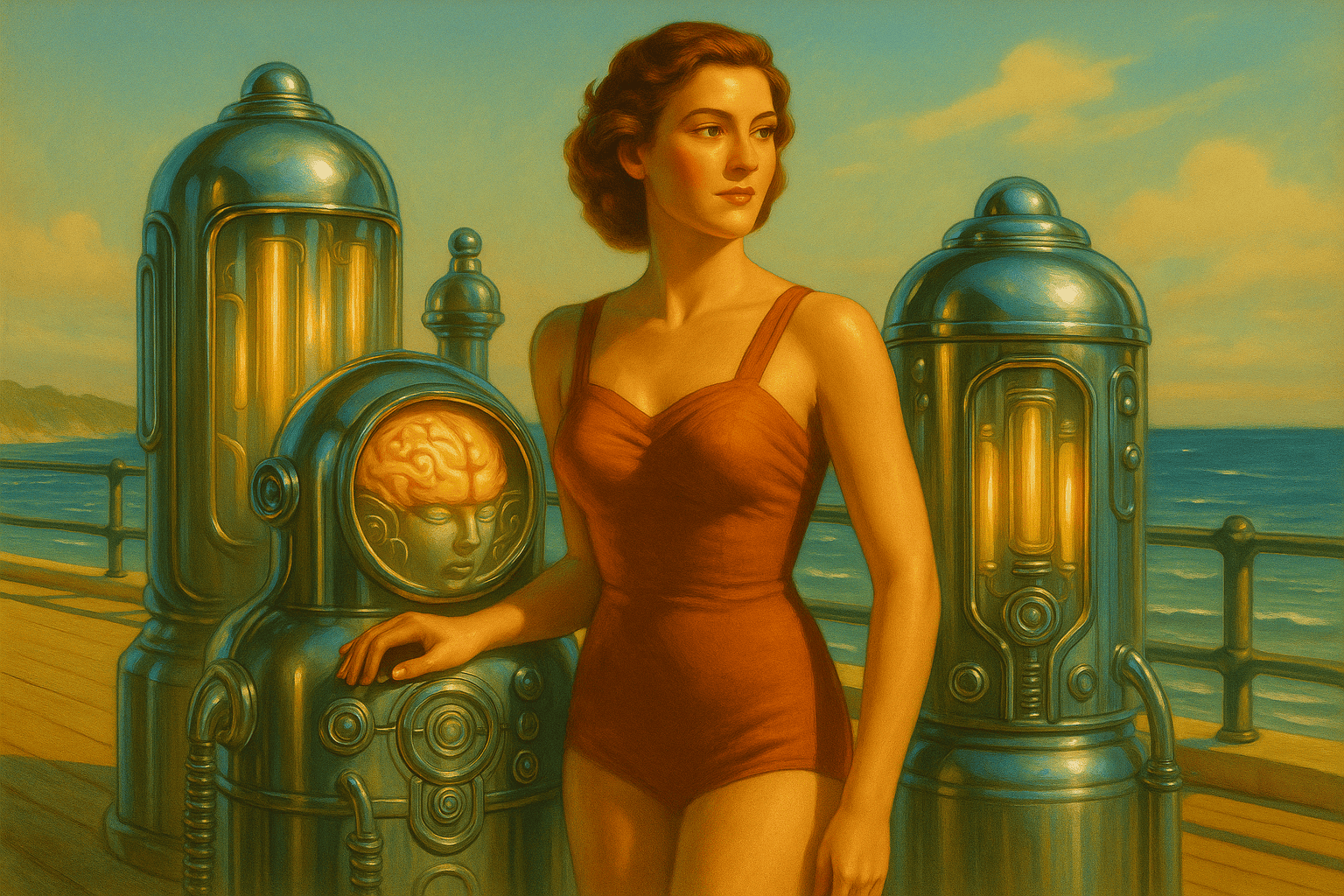 Modern konstnärlig målning av kvinna i badkläder på en sjöbrygga med futuristiska maskiner, som förmedlar en känsla av retrokänsla och teknologi, perfekta för en stilren och unik visual för Macken.
