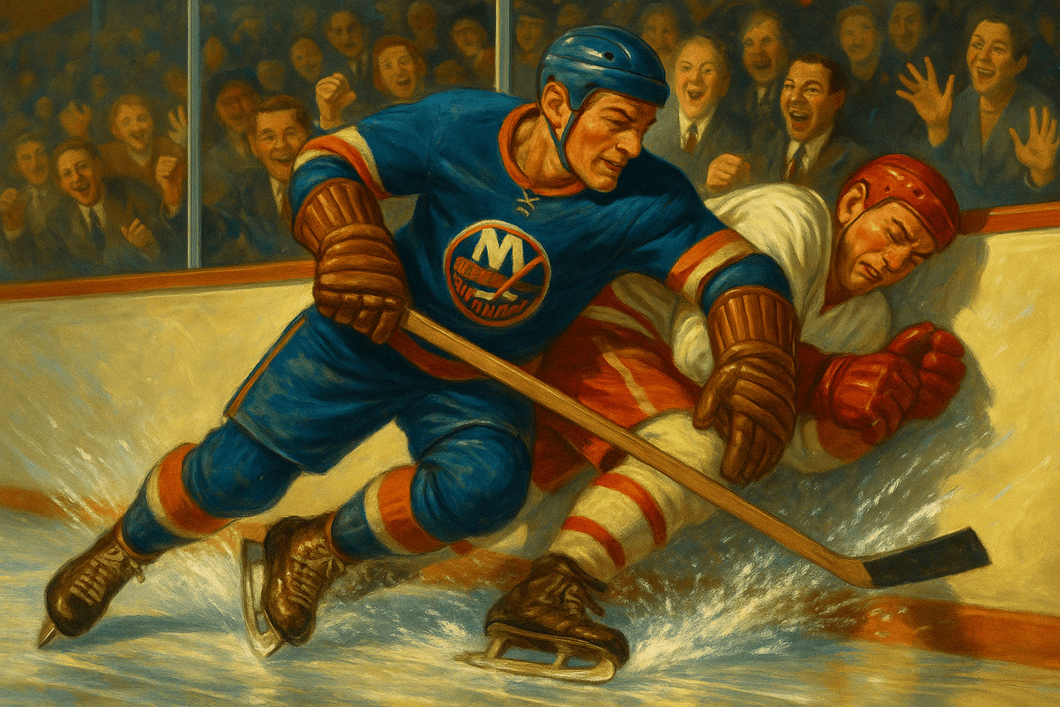 Hockeymatch mellan två lag med en publik i bakgrunden, tydligt fokus på fysisk kamp på isen, sportmood, intensitet, vinteridrott, vintersport, hockeyspelare, sporthockey, match, tävling, lag, närbild, action, sportevenemang, skating.