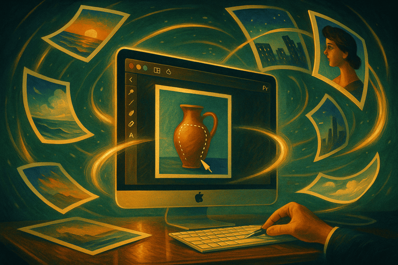 Digital konstnärlig illustration av en keramikvas, skapad på dator, med digitala verktyg och konstnärsprocesser i fokus.