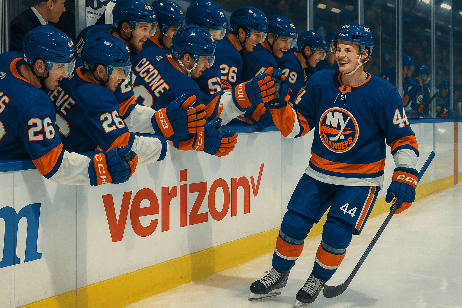 Flerbild av hockeyspelare i blå och orange MACKEN NHL-lag som firar mål på isen under matchen, med lagkamrater i bakgrunden, på en isrink.