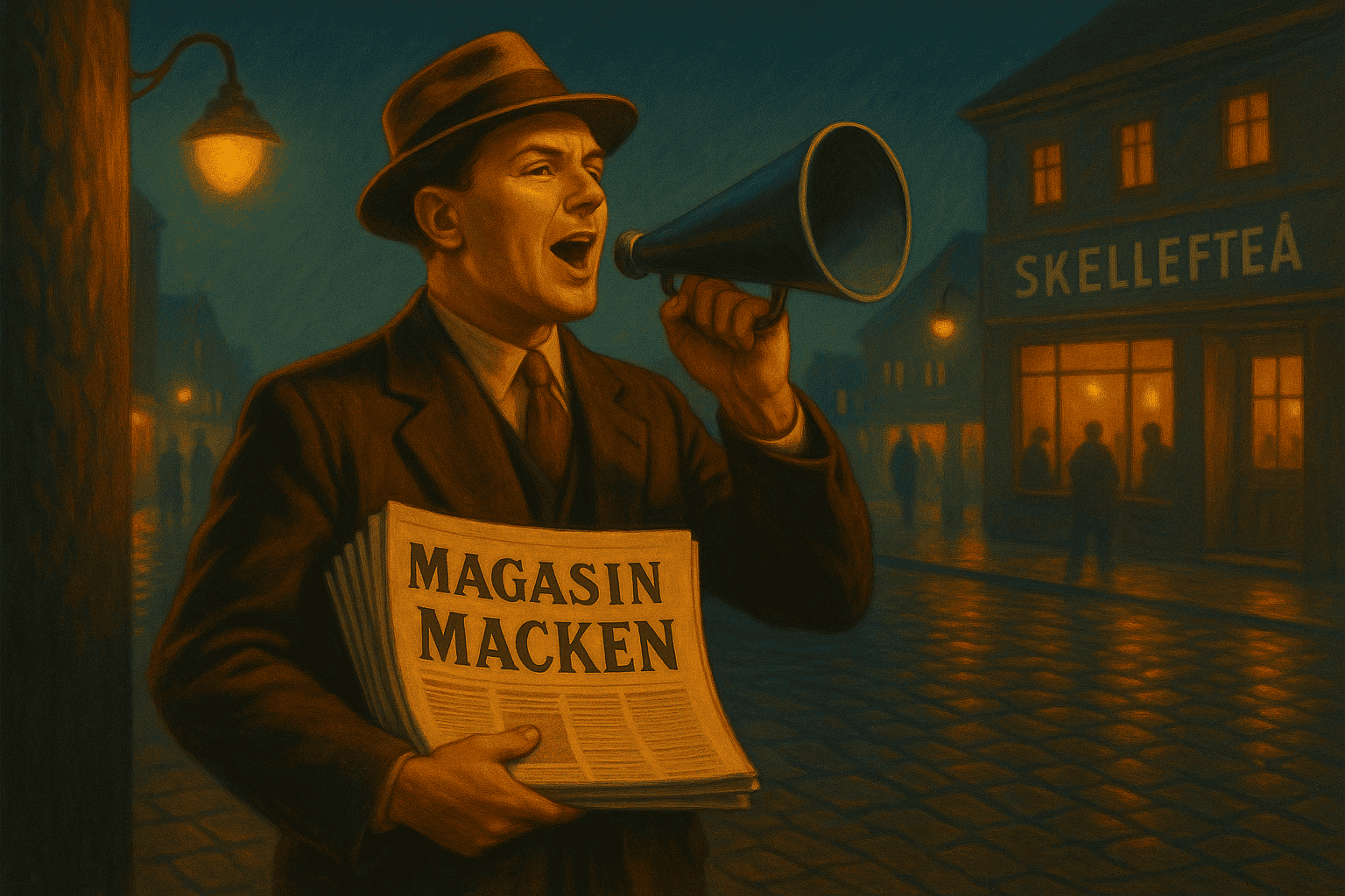 Rakisk man med hatt som annonserar på gata och håller en tidning med titeln "Magasin Macken" utanför Skellefteå, i en nostalgisk, gammal stadsbildskänsla.