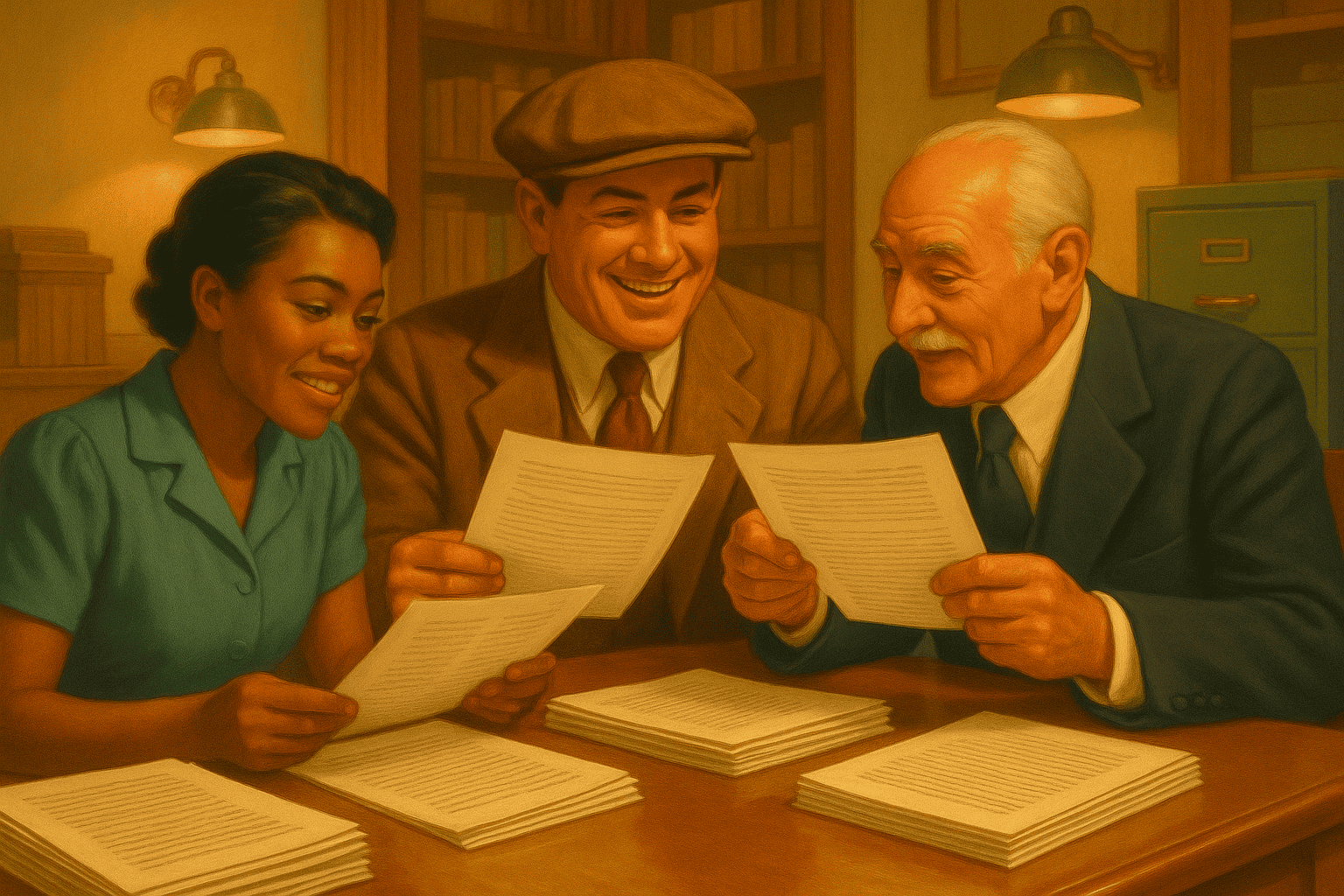 Arkivbild av tre personer som diskuterar dokument i ett bibliotek eller kontorsmiljö, vintage stil.