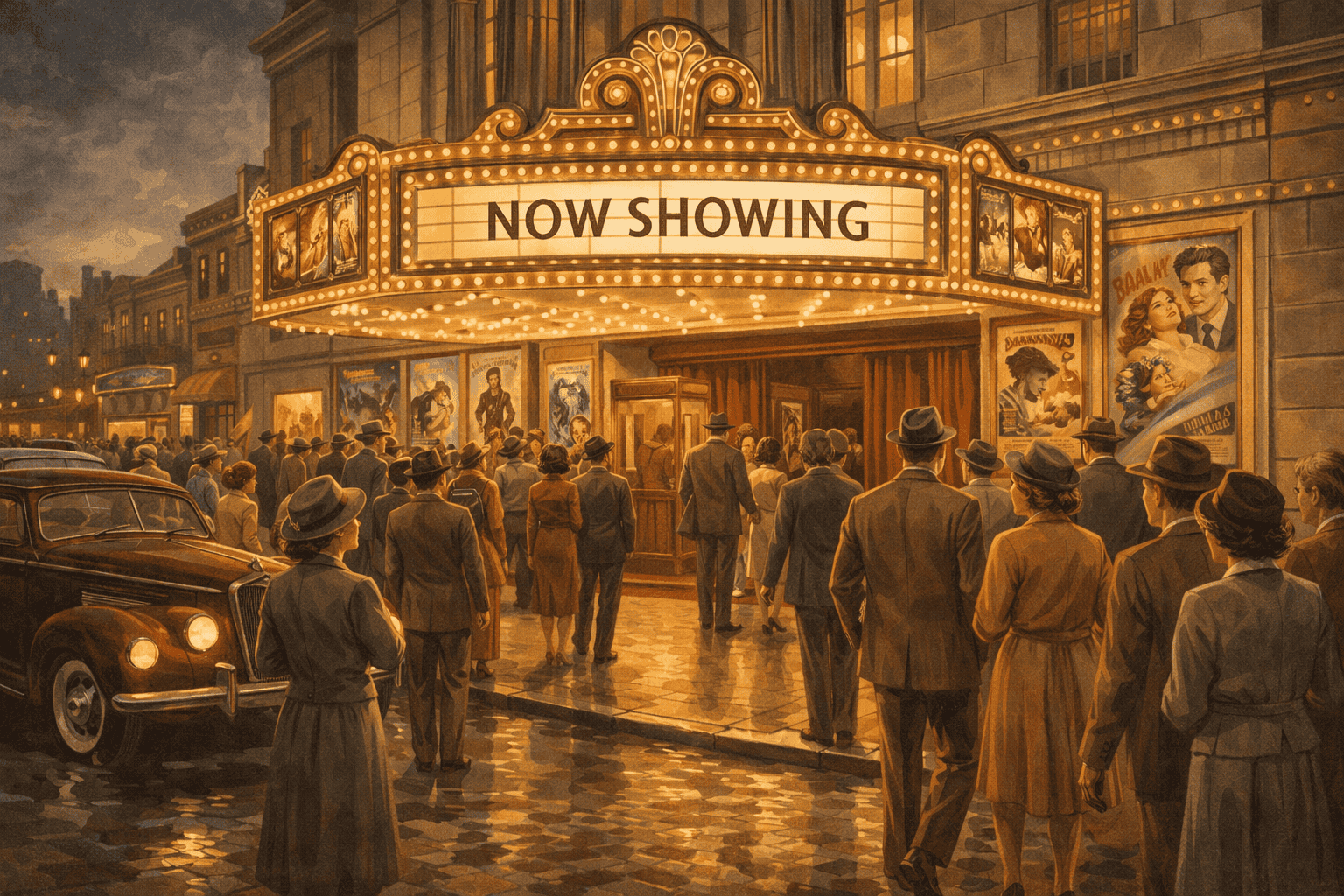 Klassiskt kino, filmposter, retro, folk i kö, vintage atmosfär, filmäventyr, filmvisning, gammaldags biograf, nostalgisk filmupplevelse, filmkultur, filmälskare, äldre tidsepok, biografmiljö, charmigt, traditionellt, filmhistoria.