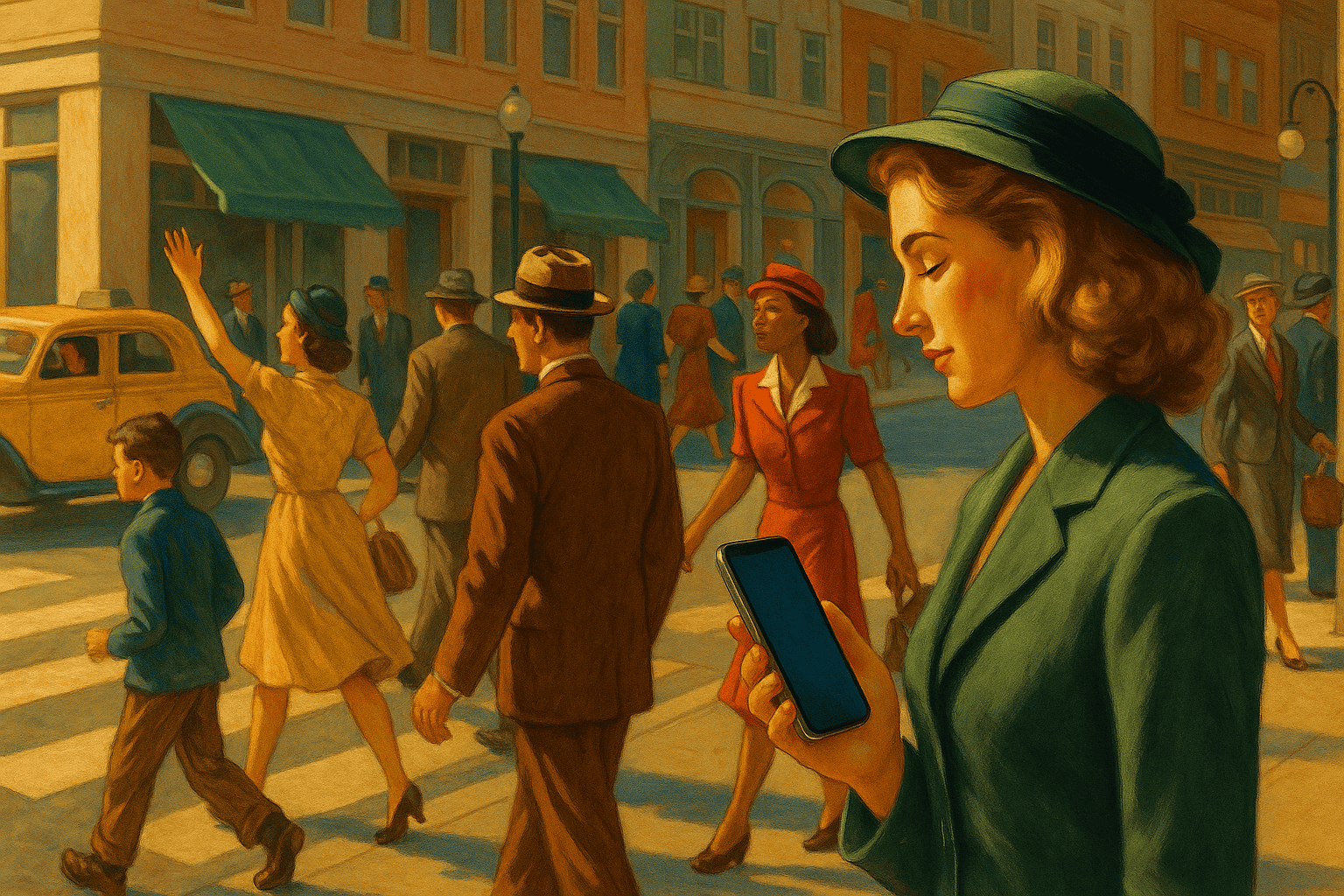 En kvinna i modern outfit använder mobiltelefon bland vintage stadsfolk, vilket kombinerar retro och modern estetik i en livfull stadsmiljö.