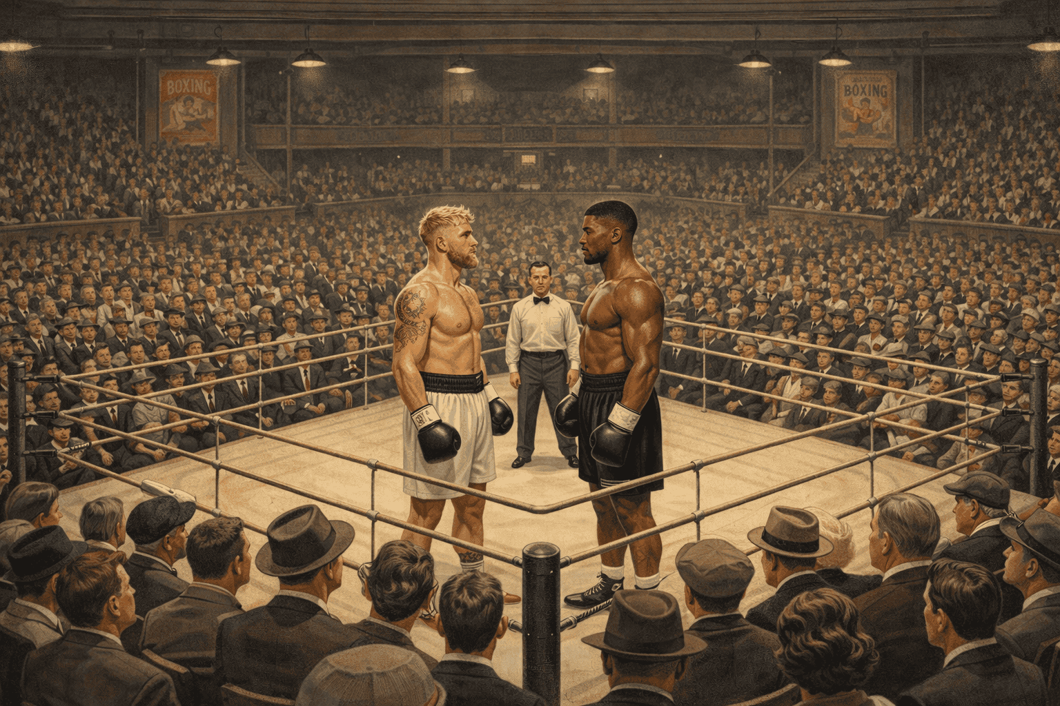 Händelse i boxningsring med två muskulösa boxare inför publik.