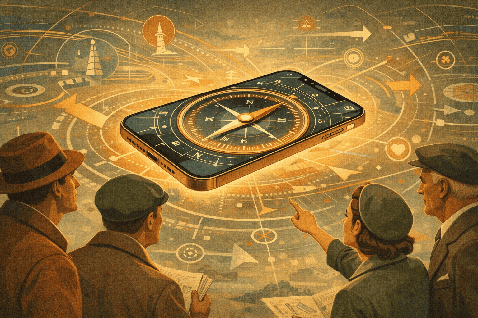 1. Kompass och smartphone, symbol för navigation och vägledning, med historiska personer som planerar framtiden, digitala lösningar, och teknik för optimal service.