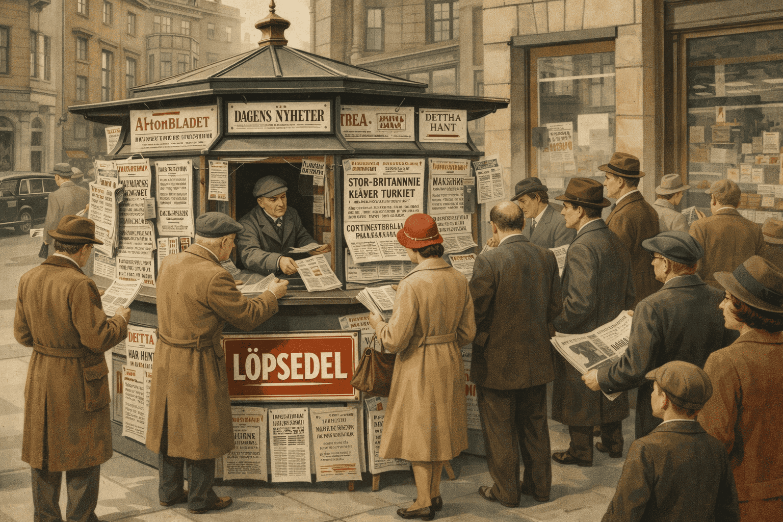 Dödsrullebutik som säljer tidningar och löpsedlar i en stadsmiljö, med folk i 1940-tals kläder som läser och köper nyheter, illustration av en historisk tidningstorgs scen.