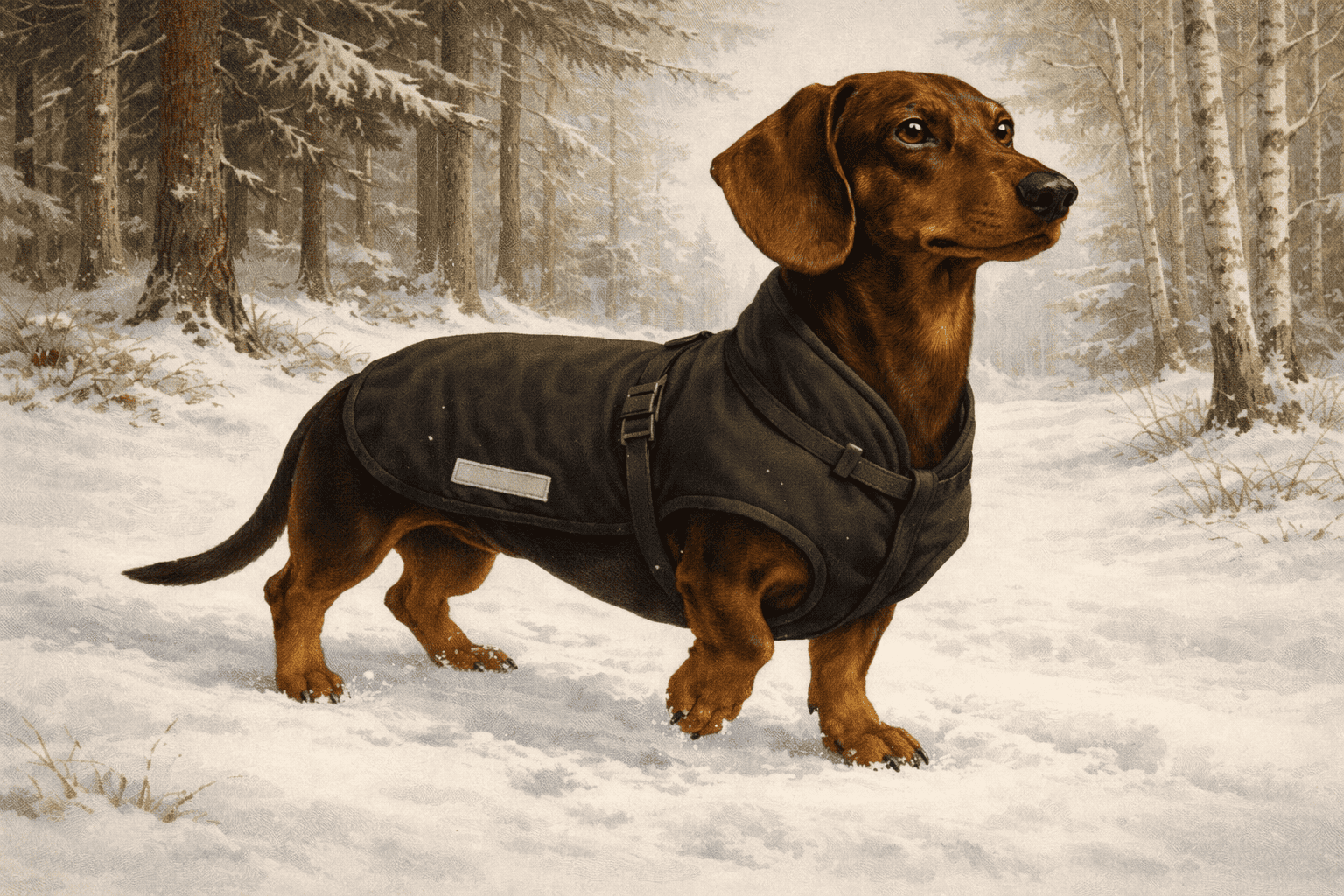 1. Hund i vinterdräckt i snöig skogmiljö, robust och pålitlig hundutrustning för utomhusaktiviteter, perfekt för jakt och äventyr.