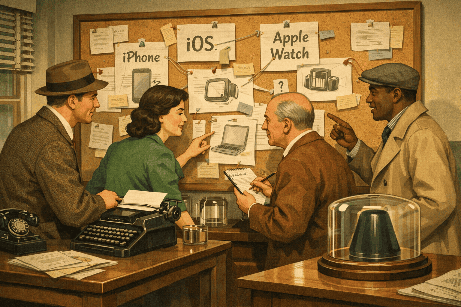 1. Vintage reklam och teknikplanering för Apple produkter som iPhone, iOS och Apple Watch i ett klassiskt 1950-talskontor.