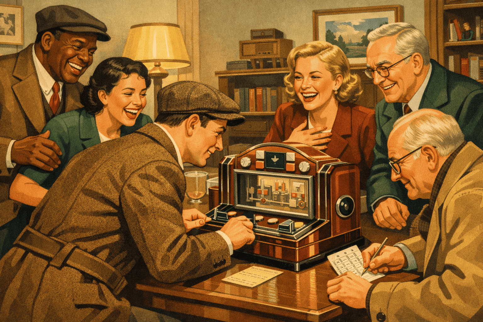 Leveranstik av glada människor spelar ett klassiskt bordsspel i ett mysigt rum, vilket framhäver traditionell, social underhållning och nostalgiska spelögonblick, perfekt för vintage- och samlarsamlare.