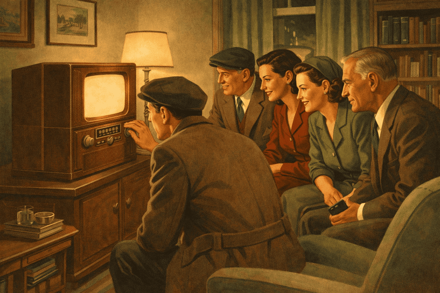 Nostalgisk familj som tittar på svartvit TV, vintage interiör, 1950-tal, samlarfamilj, mode från 1950-talet, mysig hemmamiljö, klassiskt hem, vintage-TV-upplevelse, retrointeriör, familjeporträtt, helgmys, gammaldags nöje, klassiskt familjefoto, historisk vardagsmiljö.