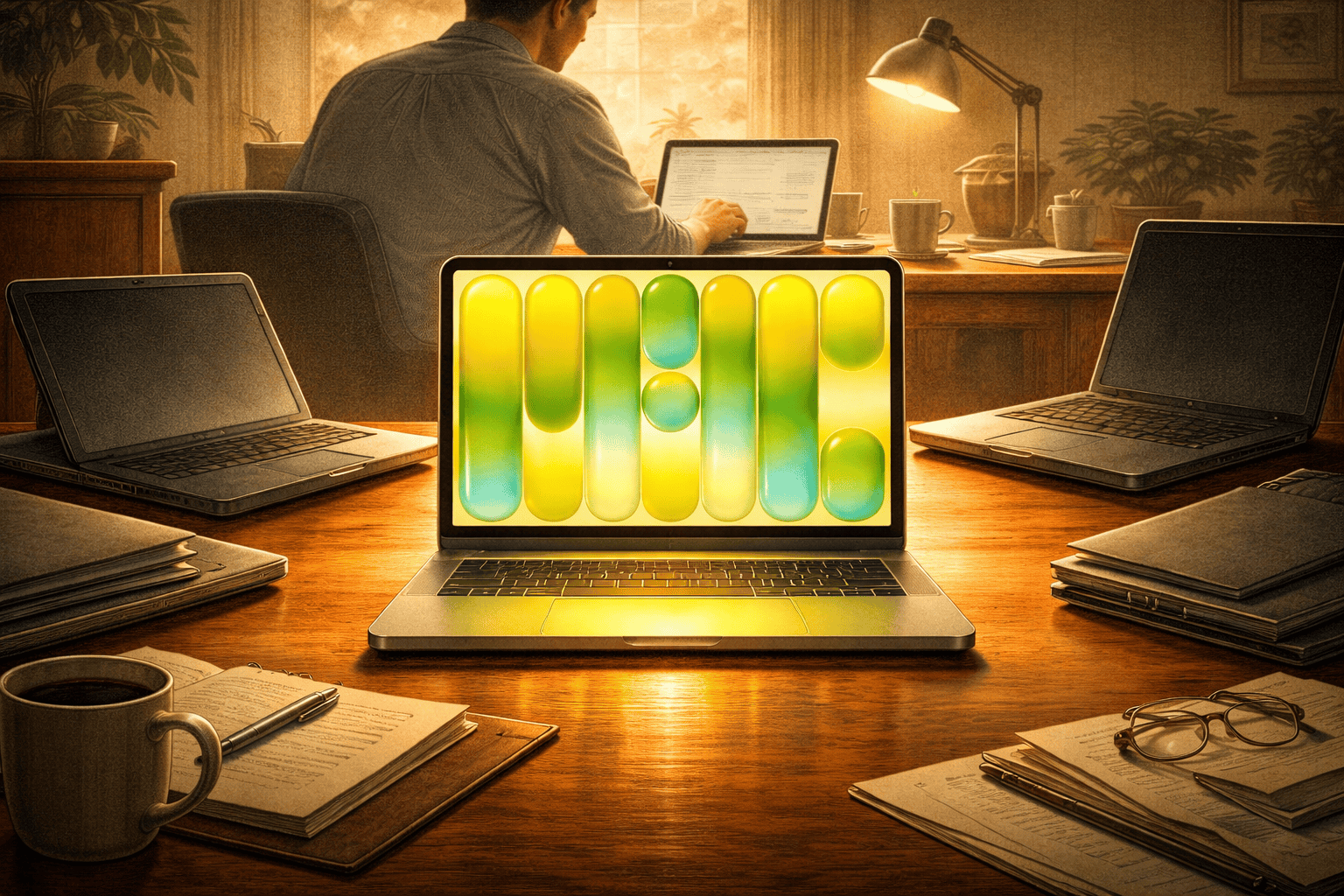 Ett arbetsbord med tre laptops, en person som arbetar vid ett skrivbord i ett hemtrevligt kontorsutrymme med varma belysning och gröna växter, fokus på produktivitet och teknik.