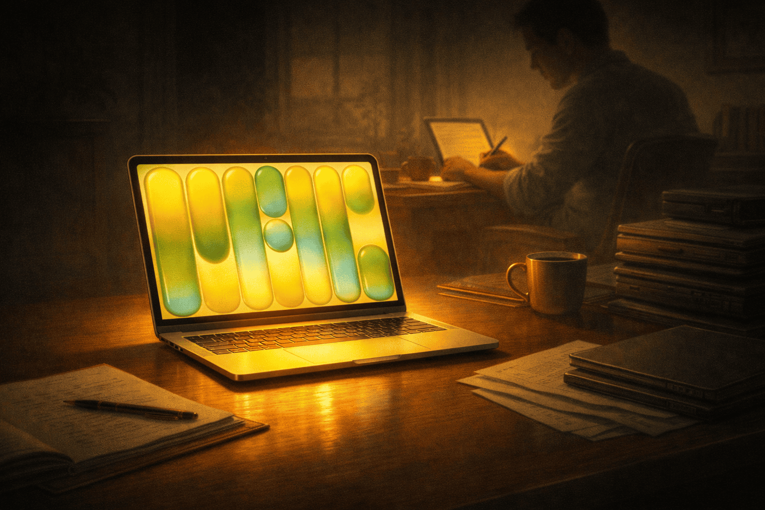 En laptop med färgglada musiknoter på skärmen, placerad på ett skrivbord med böcker och papper, i ett mysigt hemmakontor eller studieutrymme.