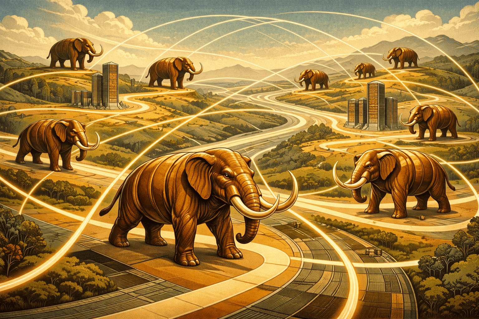 Elefanter i en digital konstnärlig illustration som symboliserar global handel och kommunikation. Bilden visar elefanter kopplade samman av ljusstrålar över ett landskap med vägar och byggnader, vilke.