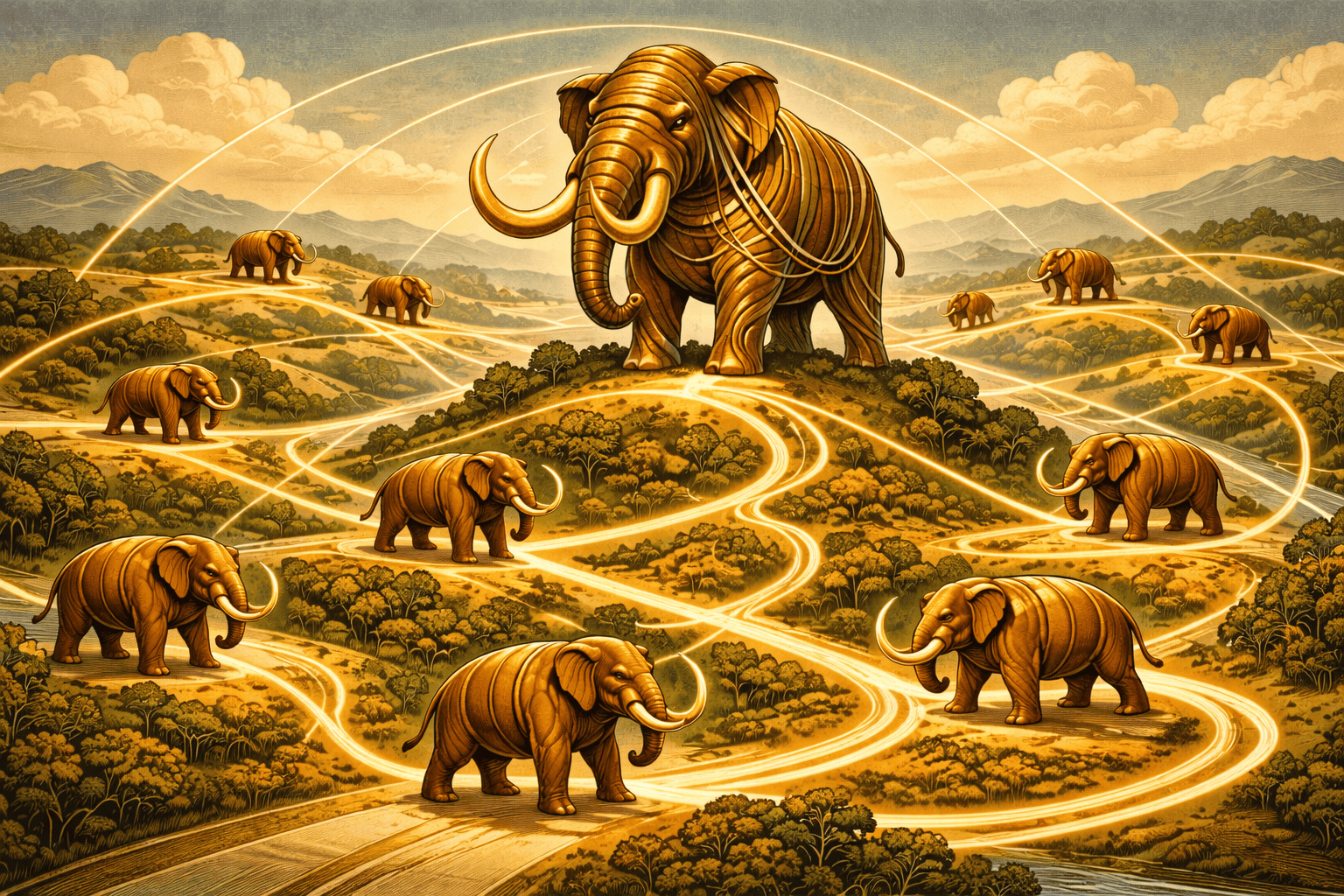 Enormt elefantmotiv med flera elefanter i en fantasifull, konstnärlig landskapsbild med gyllene nyanser och magiska ljuseffekter, perfekt för natur- och djurälskare.