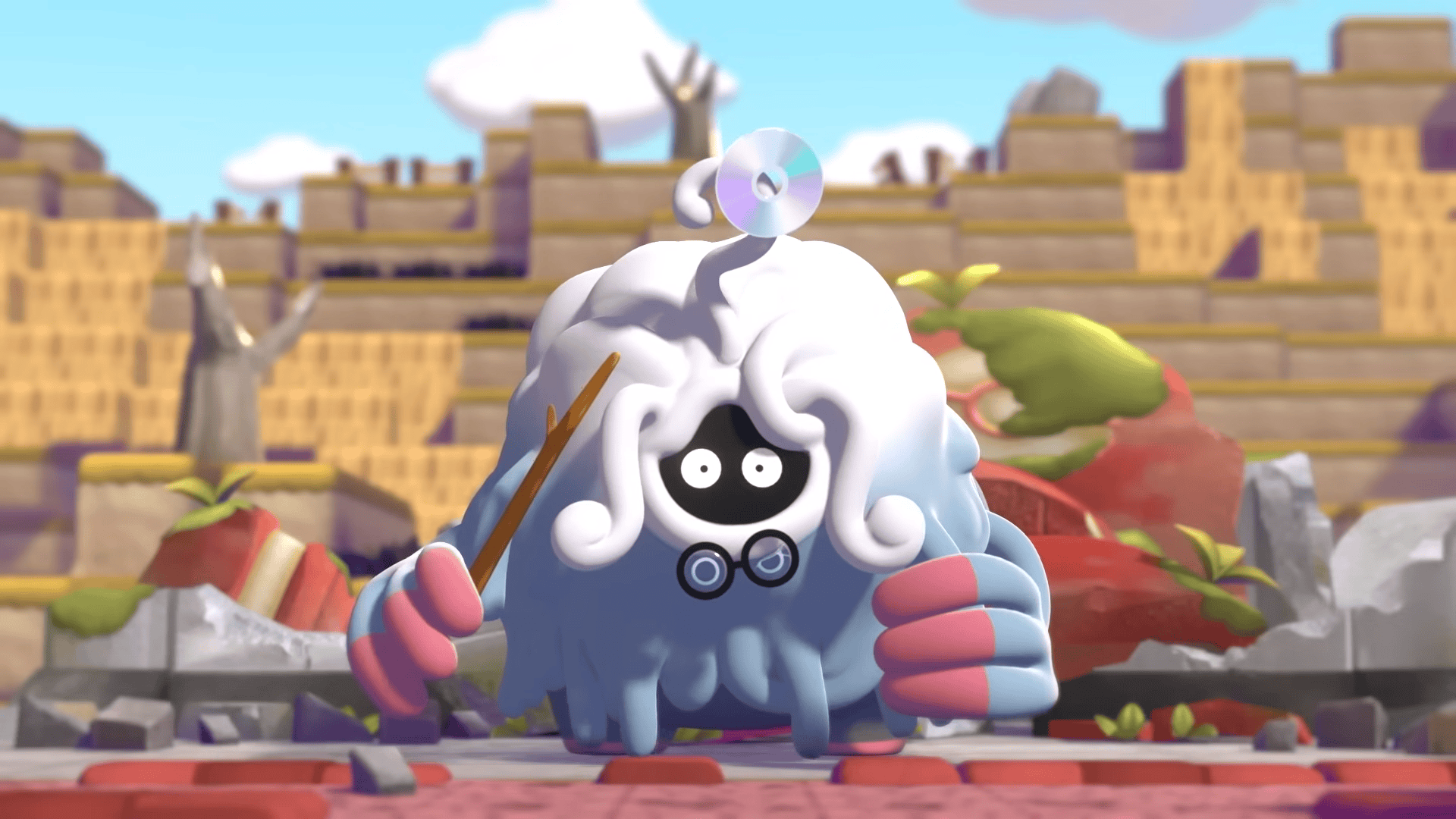 Leksaksskapelse av en söt, fluffig fårfigur med stora ögon och gitarr, placerad i en fantasifull miljö med ruiner och gröna växter, perfekt för barn och samlare.