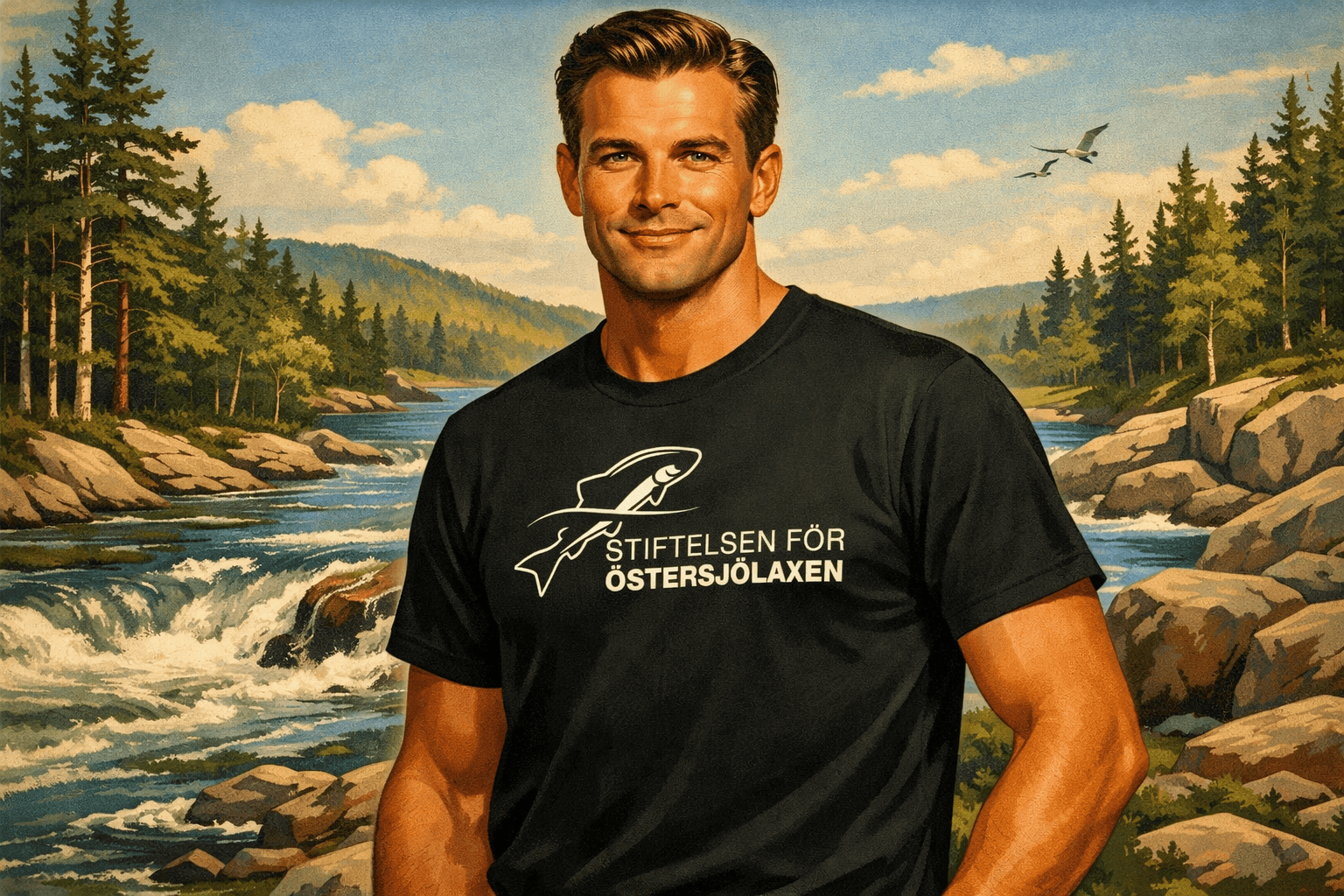 En man i svart T-shirt med texten "Stiftelsen för Östersjölaxen" framför en naturskön bakgrund med flod, berg och skog i Sverige.