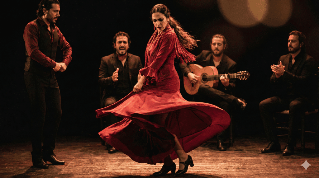 Bailaora de flamenco en el escenario de un tablao en Sevilla, rodeada de músicos y palmeros, representando distintos palos del flamenco en Tablao Flamenco Las Setas