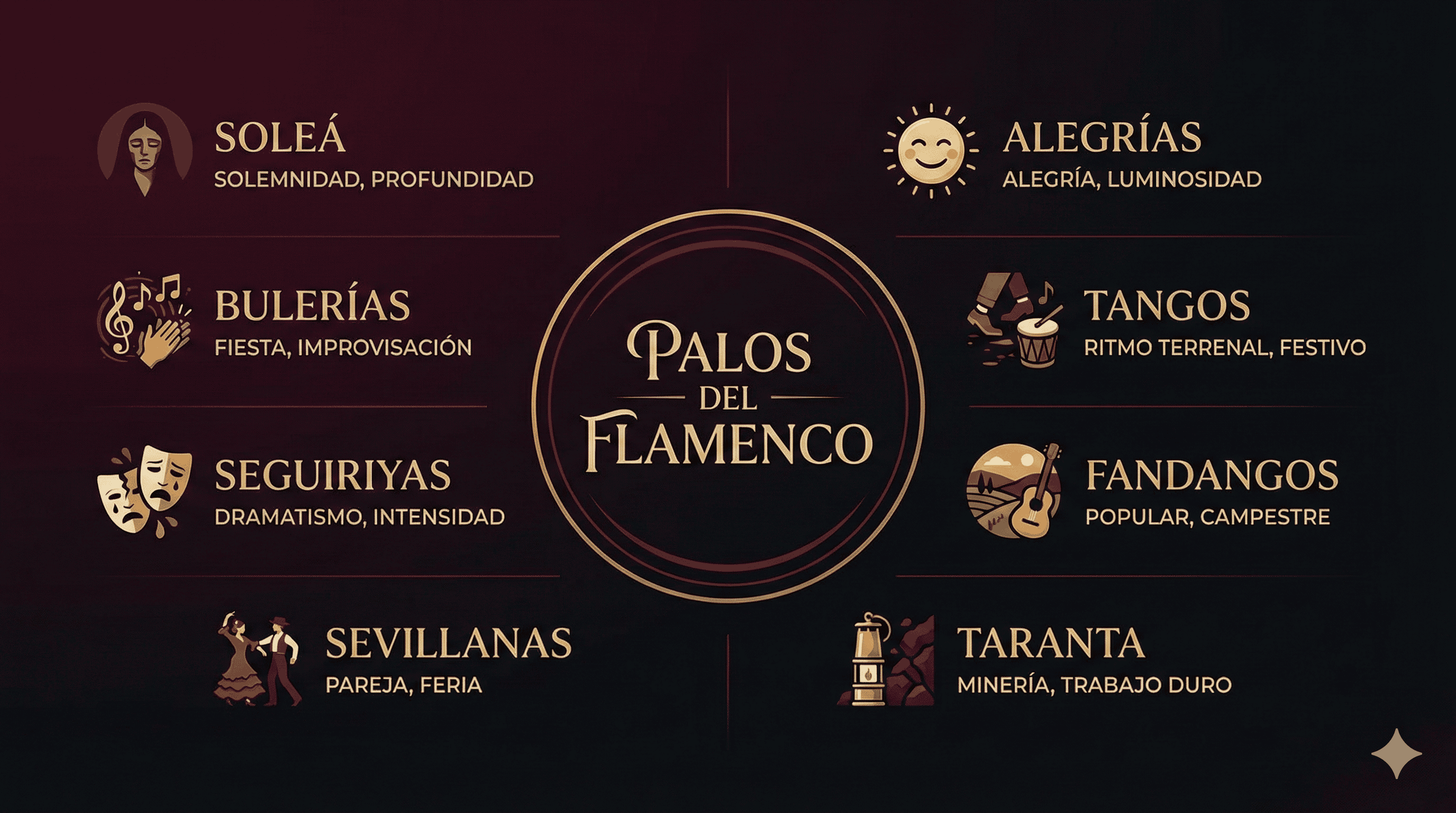 Infografía didáctica: guía completa de los palos del flamenco con los ocho palos fundamentales y sus principales características