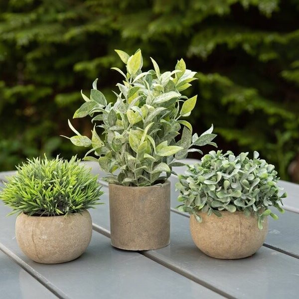 3 pientä tekokasvia ruukuissa